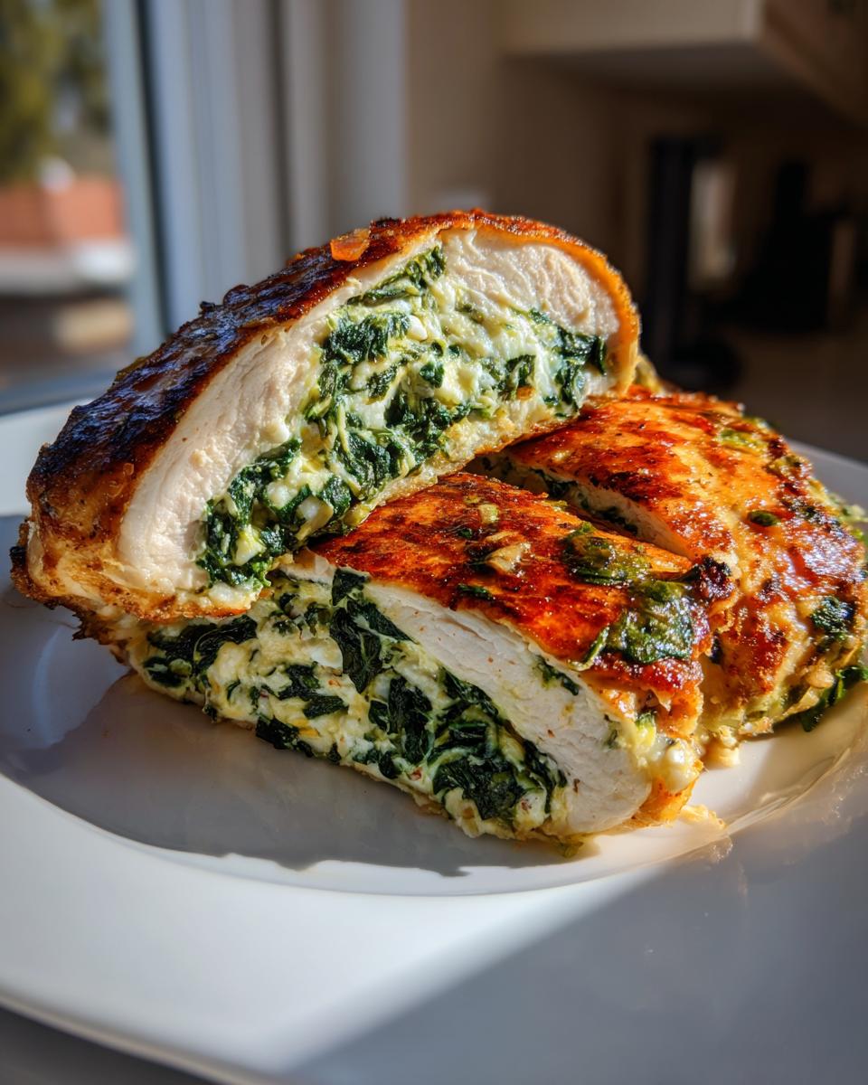 Cross-section of juicy spinach stuffed chicken showing creamy filling inside a perfectly seared chicken breast.