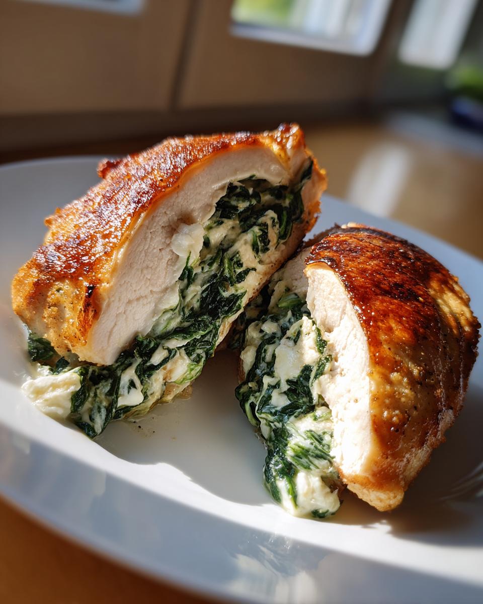 Cross-section of juicy spinach stuffed chicken showing creamy filling and golden-brown crust.