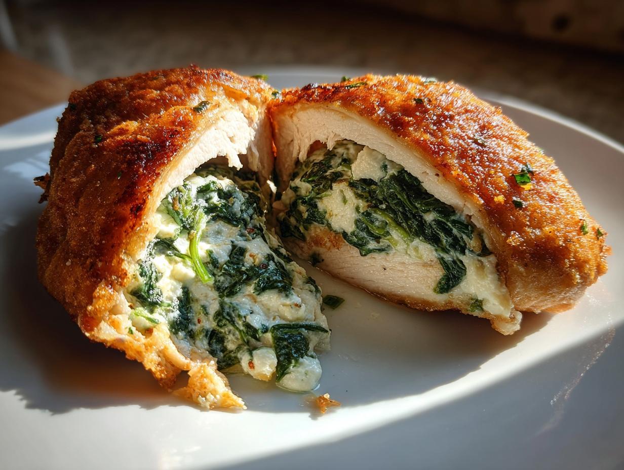 A golden-brown, breaded spinach stuffed chicken breast cut in half, revealing the creamy spinach and cheese filling.
