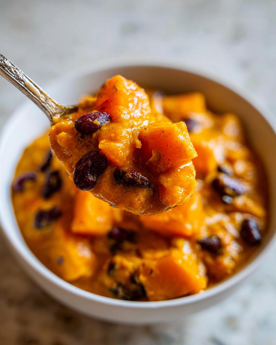 Close-up of a spoonful of thick, orange butternut squash chili with dark red beans or cranberries.