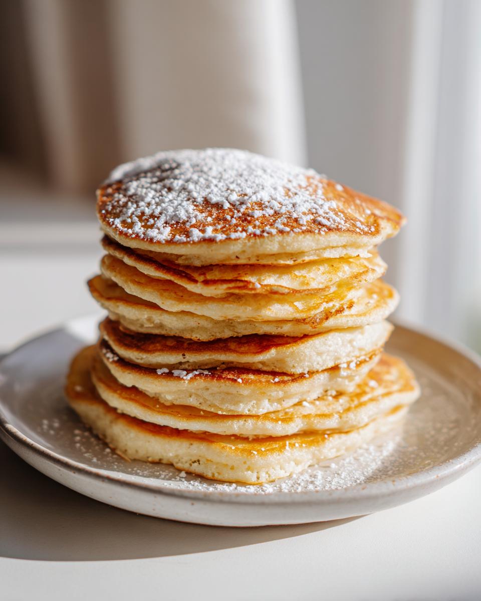 A tall stack of fluffy coconut flour pancakes dusted generously with powdered sugar on a light ceramic plate.