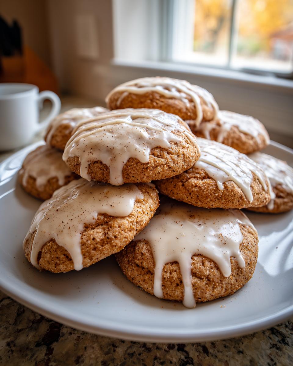 A stack of soft, spiced eggnog cookies topped with a thick white glaze and a dusting of nutmeg.