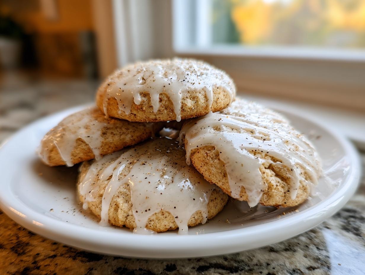 A stack of four soft, round eggnog cookies topped with a thick white glaze and sprinkled with spices.