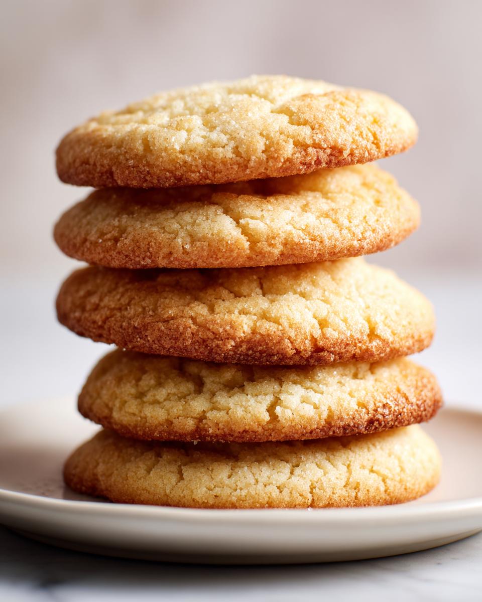 A vertical stack of five perfectly baked, golden brown sugar cookies sprinkled with sugar.