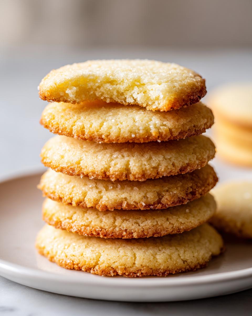 A stack of five perfectly baked, golden sugar cookies, with the top cookie showing a bite taken out, revealing the soft interior.