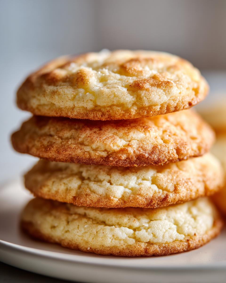 A close-up stack of four golden brown sugar cookies with slightly crinkled, sugary tops.
