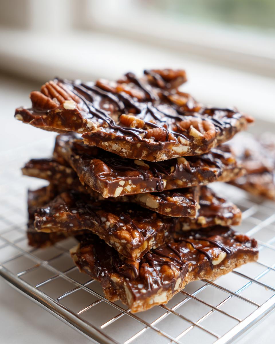 A stack of broken pieces of rich, glossy pecan pie bark drizzled with chocolate, resting on a cooling rack.