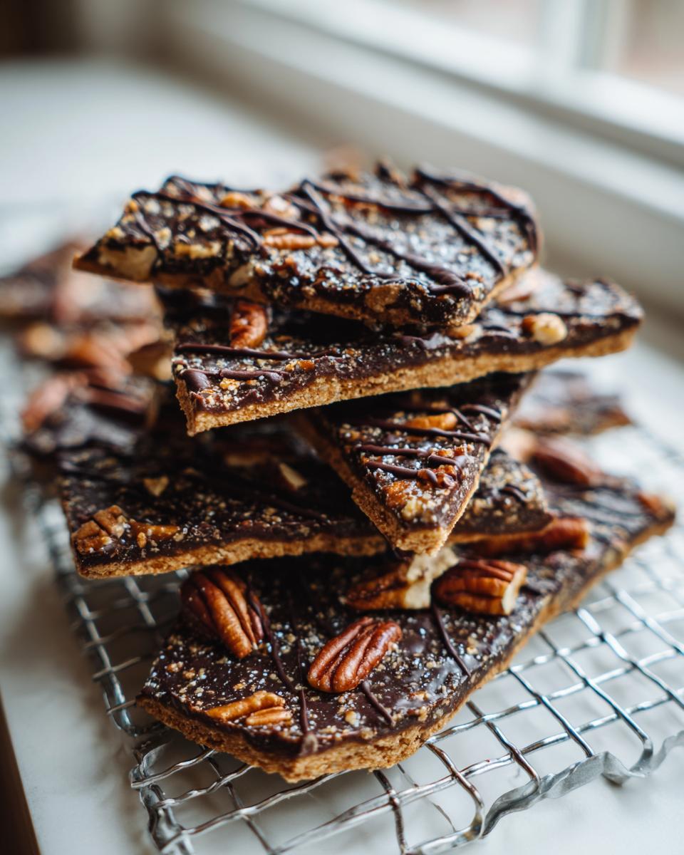 A stack of broken pieces of rich, dark chocolate pecan pie bark topped with whole pecans and drizzled chocolate.