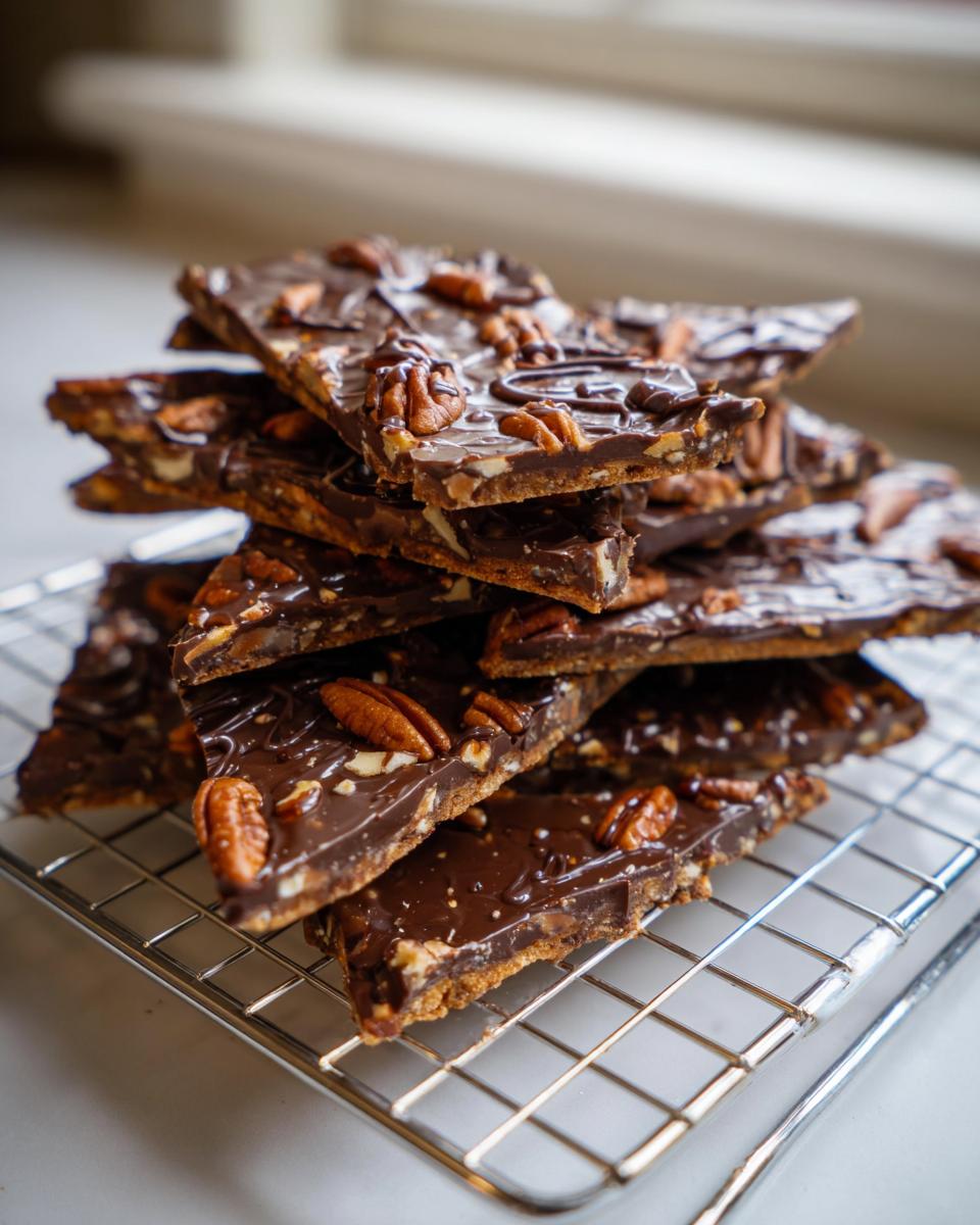 A stack of triangular pieces of rich, dark pecan pie bark topped with whole pecans, resting on a silver cooling rack.