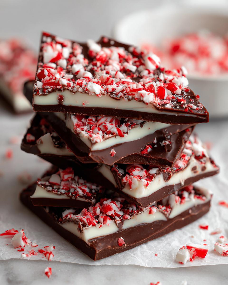 A stack of rich, layered peppermint bark squares topped with crushed candy canes.