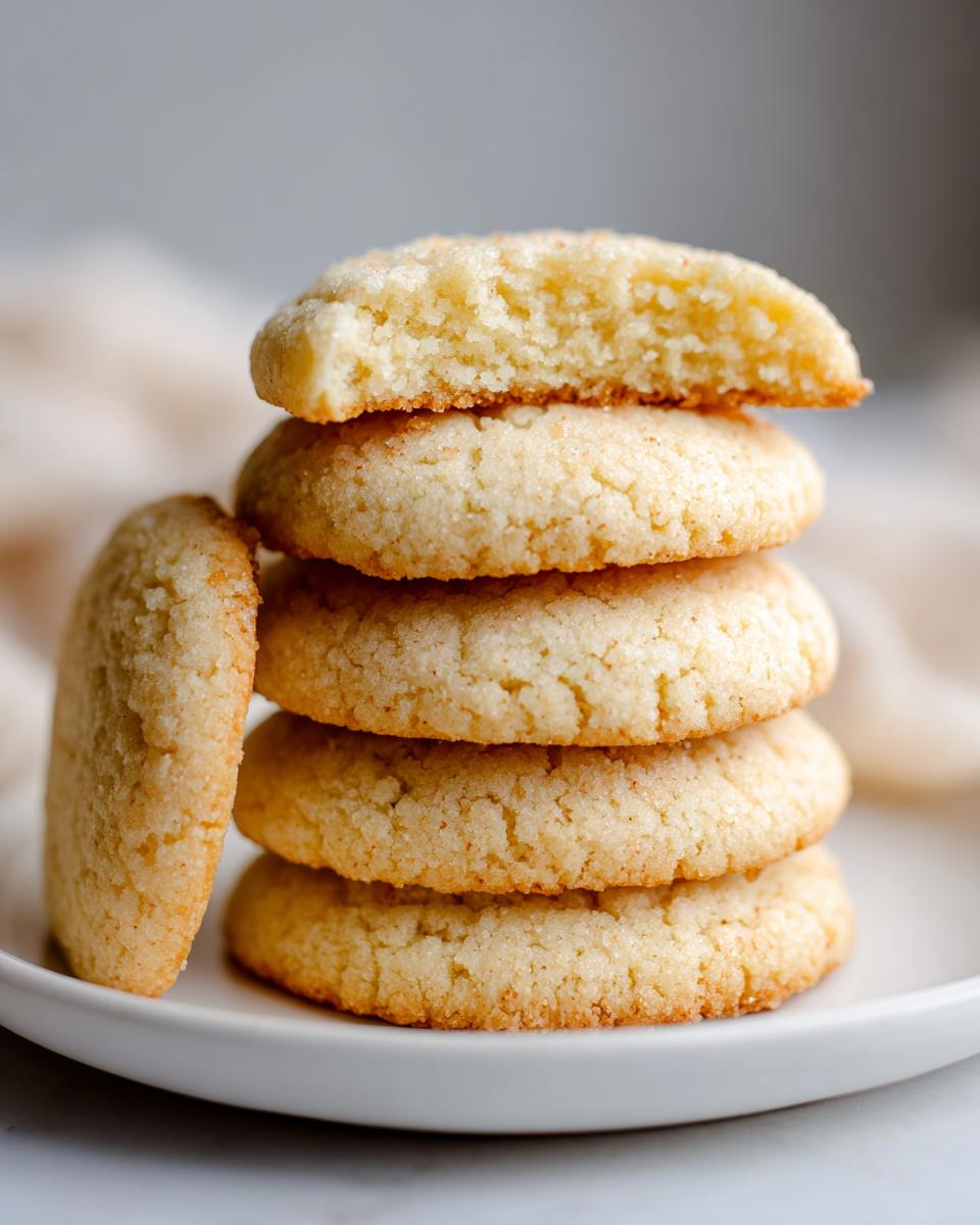 A stack of five golden brown sugar cookies, with the top cookie broken in half to show the soft interior.