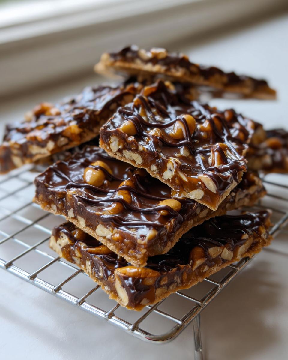 Close-up of stacked squares of rich pecan pie bark topped with chocolate drizzle cooling on a wire rack.