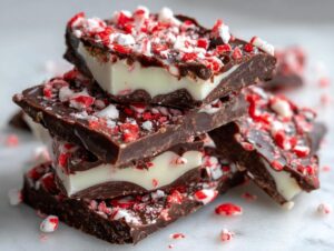 A stack of thick, layered peppermint bark squares topped with crushed red and white candy canes.