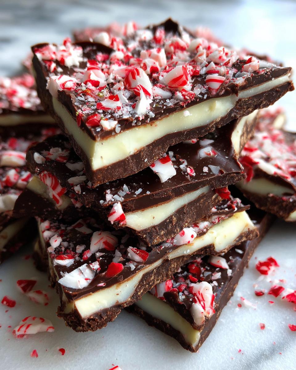 Close-up of stacked squares of homemade peppermint bark showing dark chocolate, white filling, and crushed candy canes.