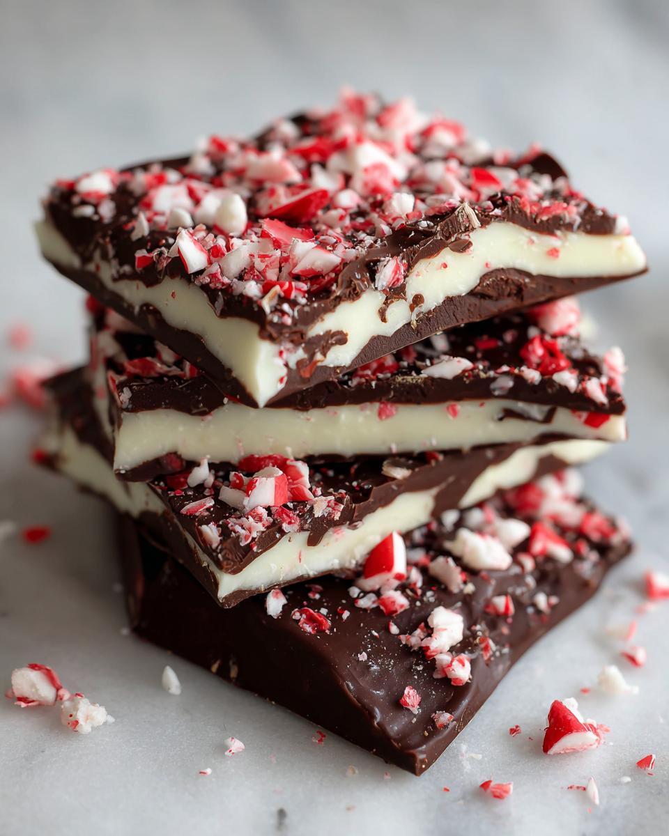 Four stacked squares of rich peppermint bark showing dark chocolate, white chocolate, and crushed candy canes.