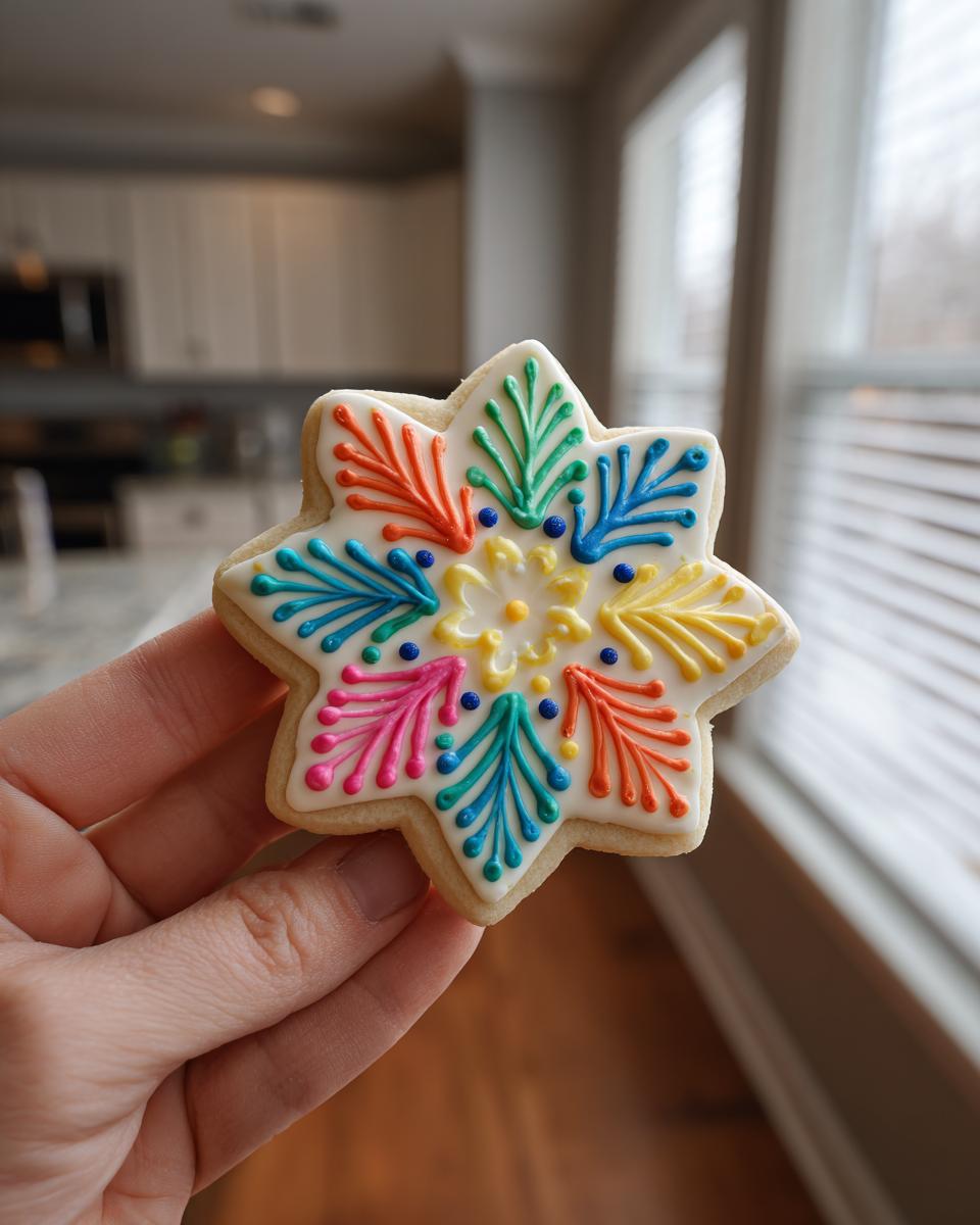 A hand holding a star-shaped sugar cookie decorated with vibrant, hardened cookie icing in a floral or snowflake pattern.