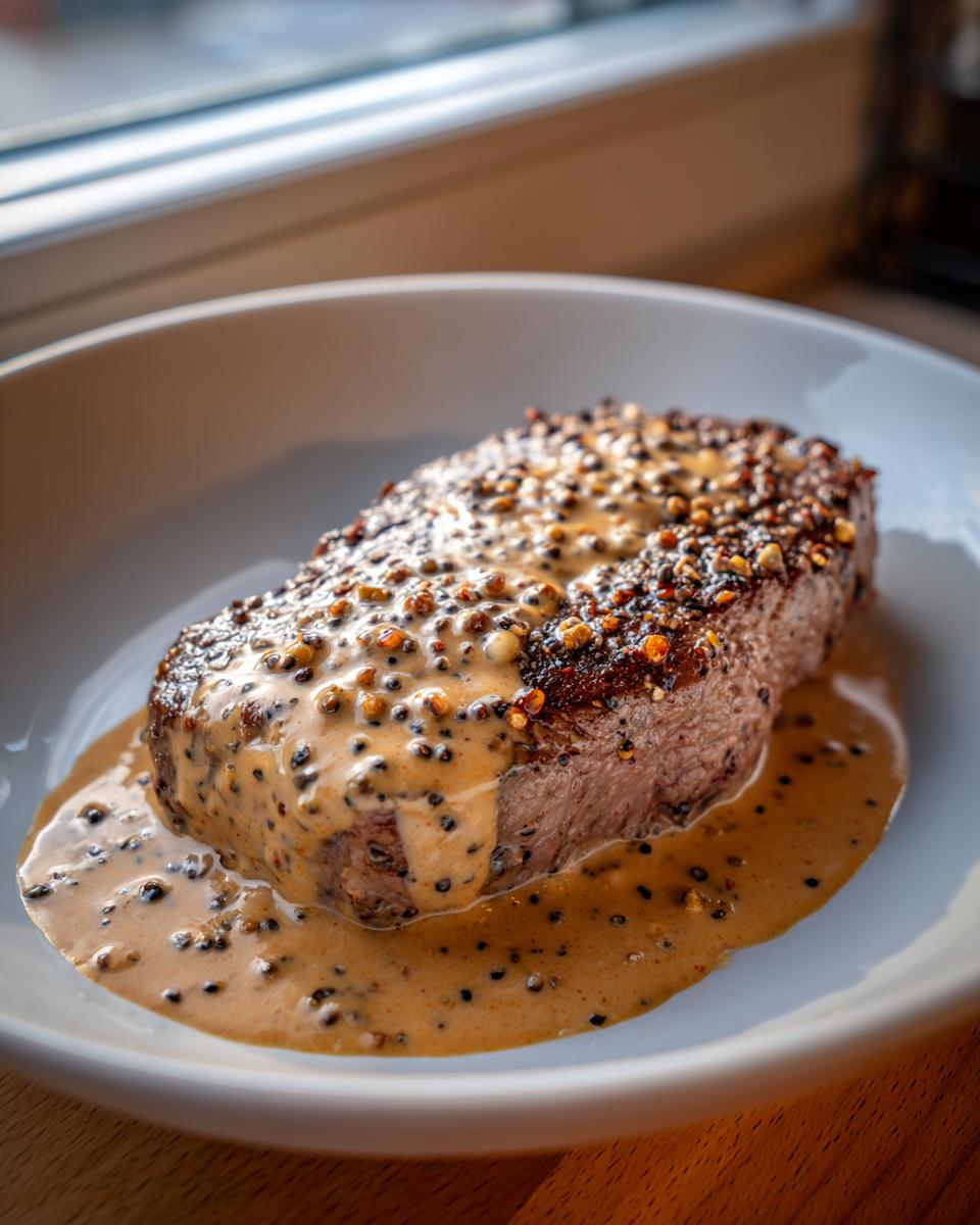 A perfectly cooked steak generously topped with creamy, whole-grain peppercorn sauce, served in a white bowl.