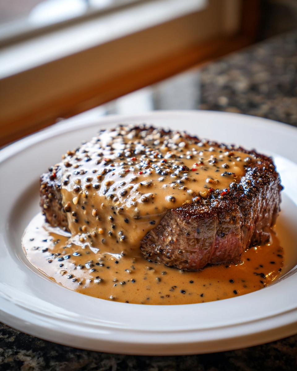 A perfectly cooked steak generously covered in rich, creamy peppercorn sauce filled with whole peppercorns.