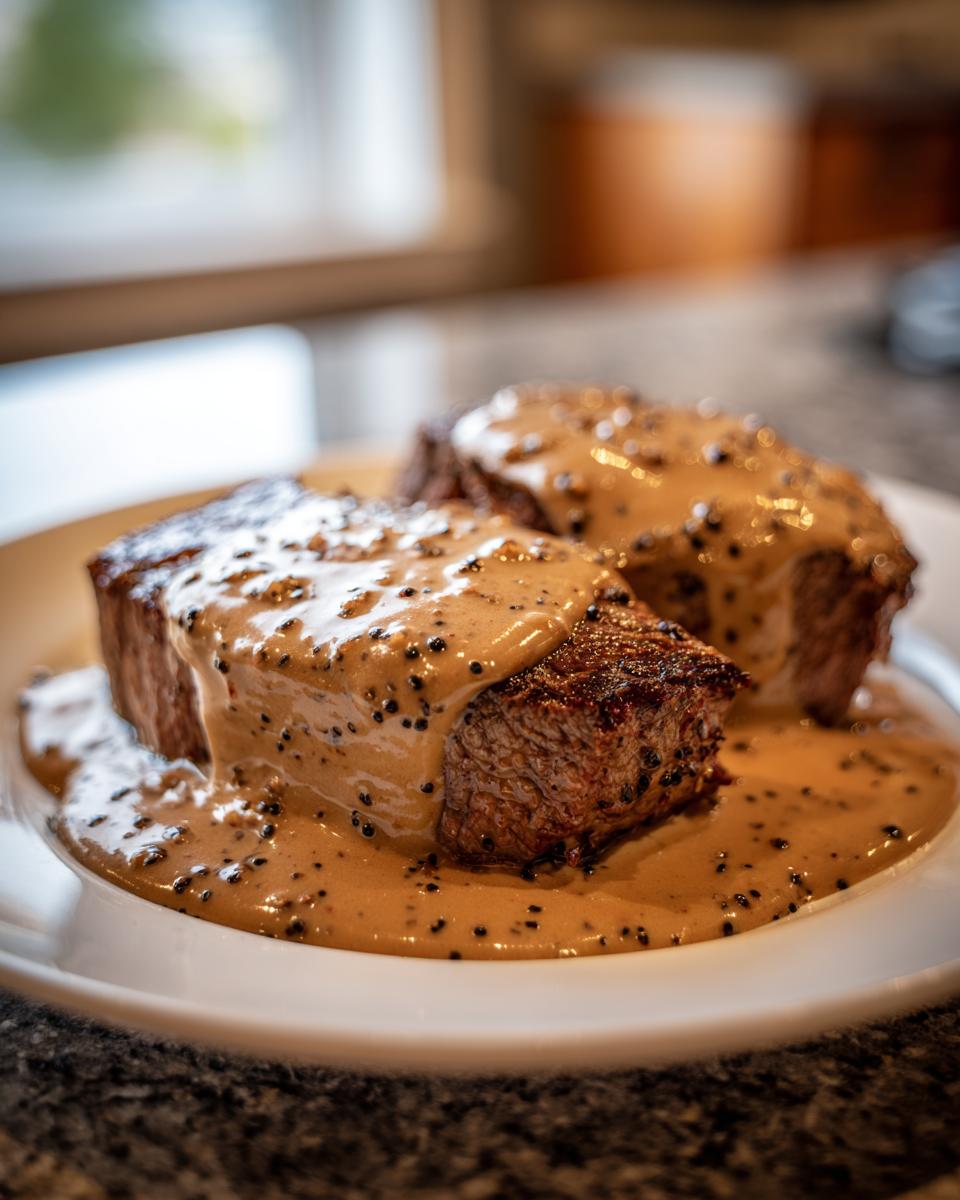 Two perfectly cooked steaks generously covered in a creamy, rich peppercorn sauce.