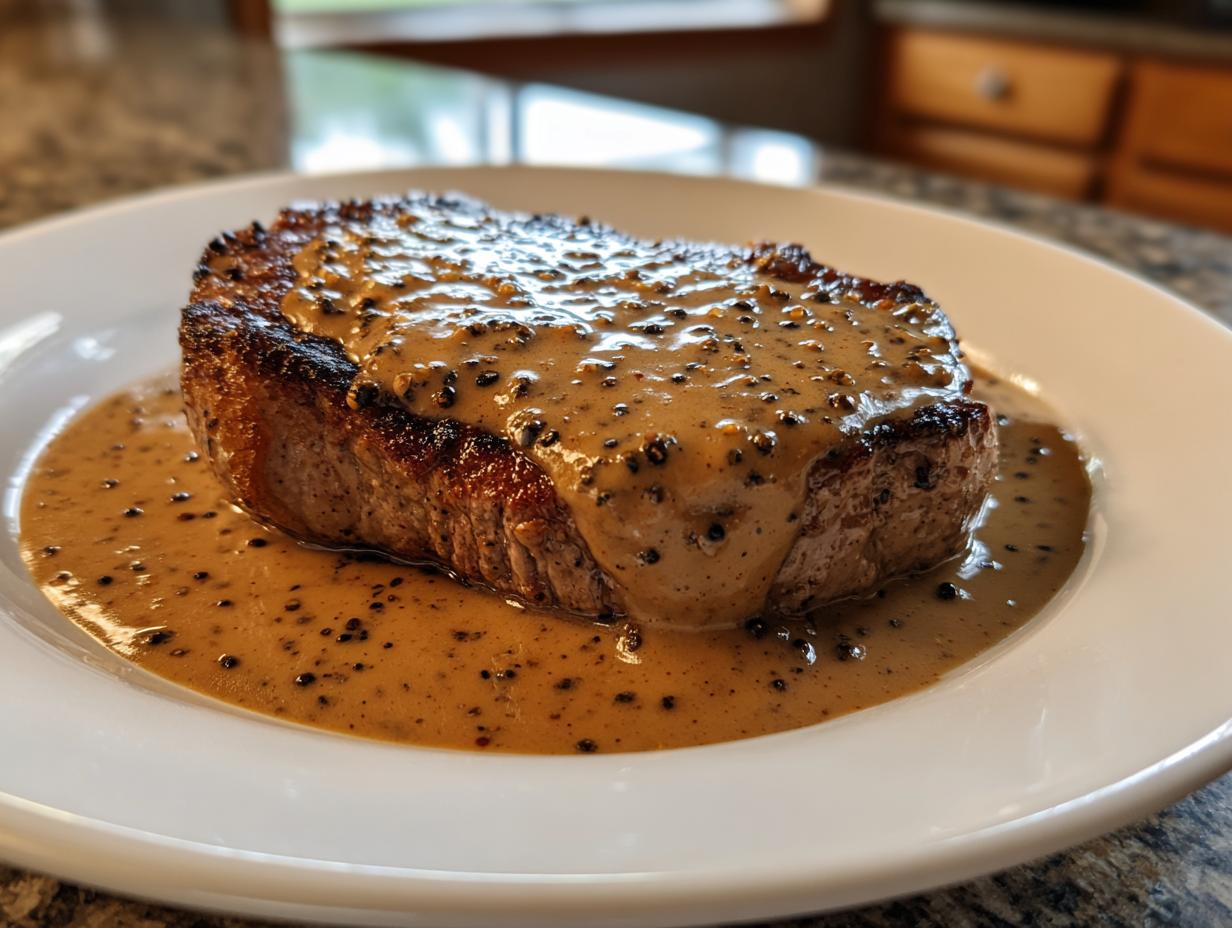 Thick, seared steak generously topped with creamy peppercorn sauce, served on a white plate.