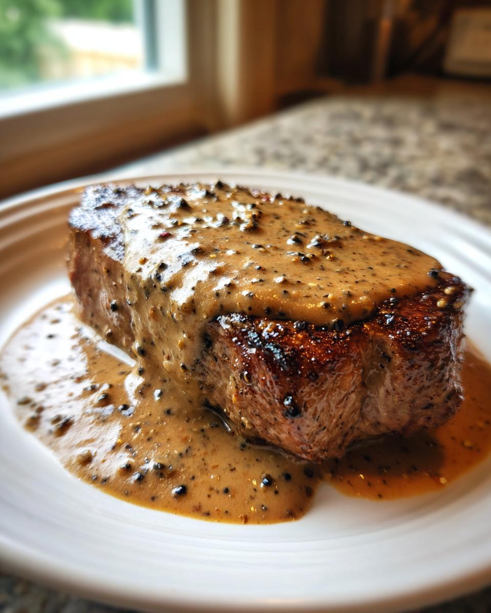 A perfectly cooked steak smothered in creamy, rich peppercorn sauce on a white plate.