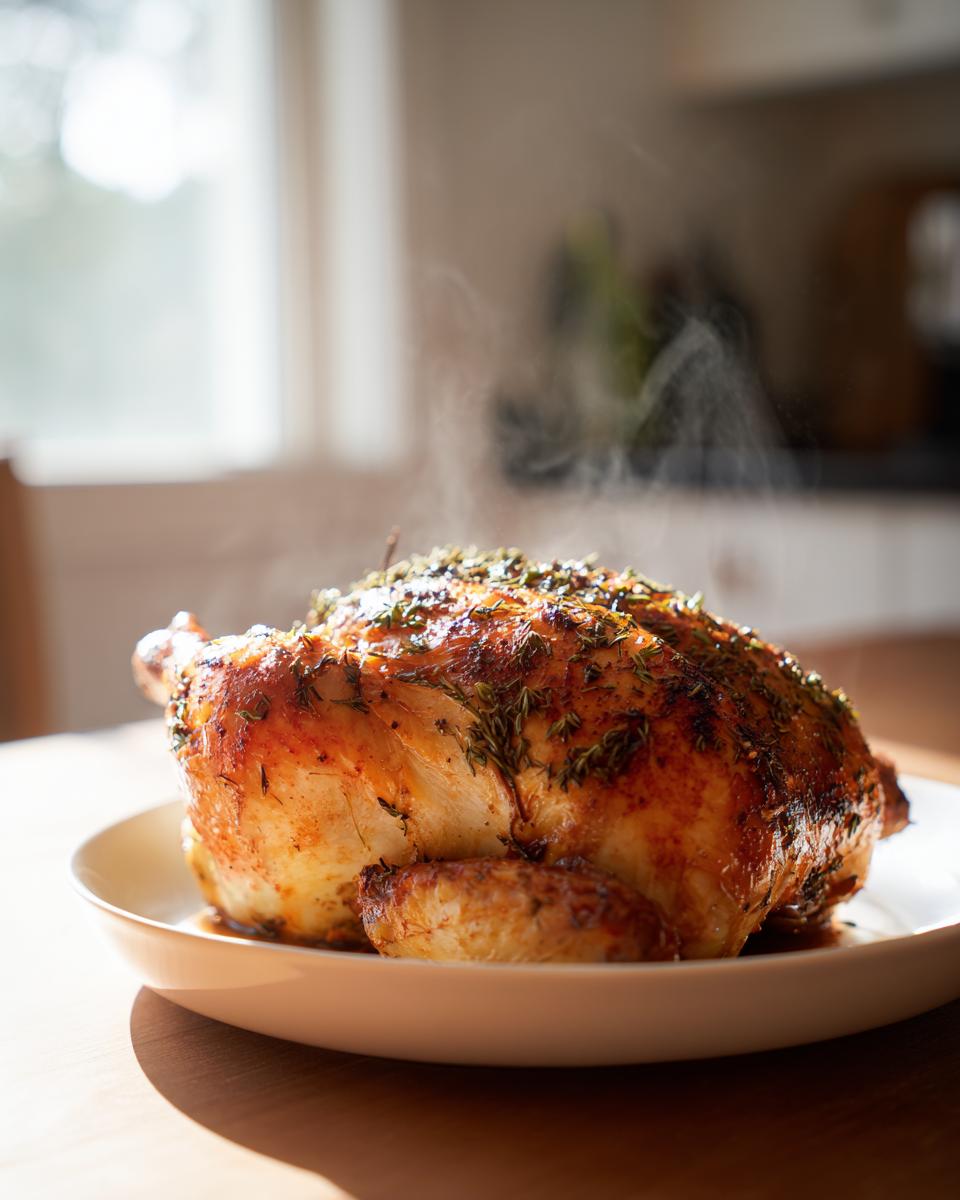 A perfectly browned, whole chicken cooked in an air fryer, steaming slightly on a white plate.