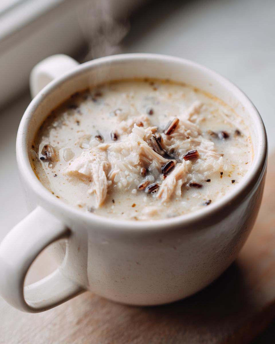 Close-up of a steaming white mug filled with creamy chicken wild rice soup, featuring shredded chicken and dark wild rice grains.