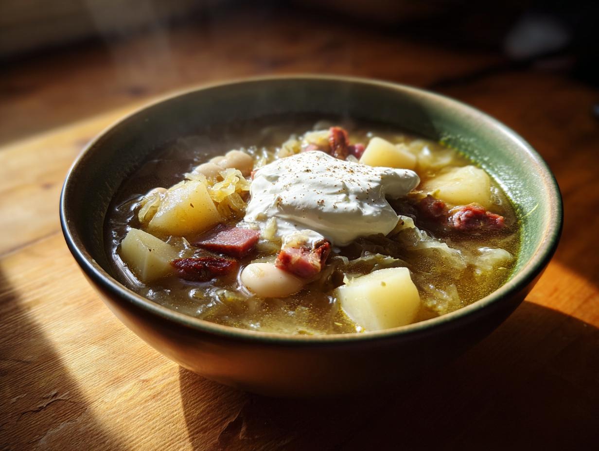 A steaming bowl of hearty sauerkraut soup featuring potatoes, meat chunks, beans, and topped with a dollop of sour cream.