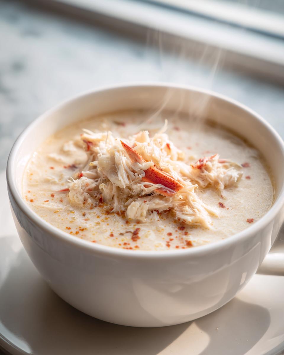 Close-up of a steaming white bowl filled with creamy she crab soup, generously topped with shredded crab meat.