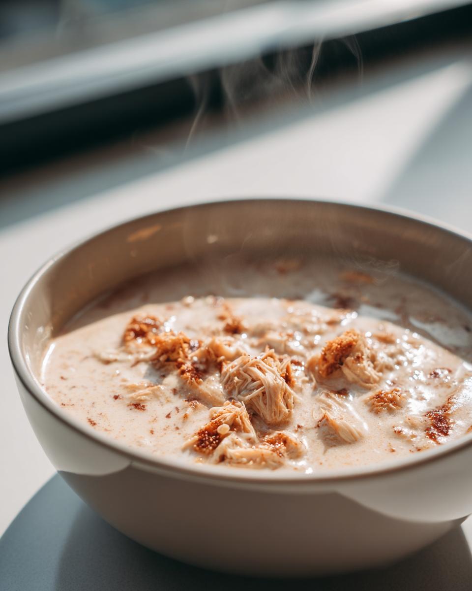Close-up of a steaming bowl of creamy she crab soup, topped with shredded crab meat and spices.