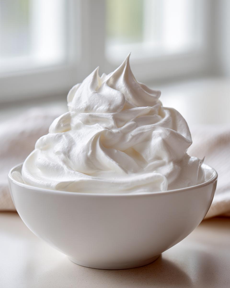 A white bowl filled with perfectly stiff, glossy peaks of homemade royal icing recipe mixture.