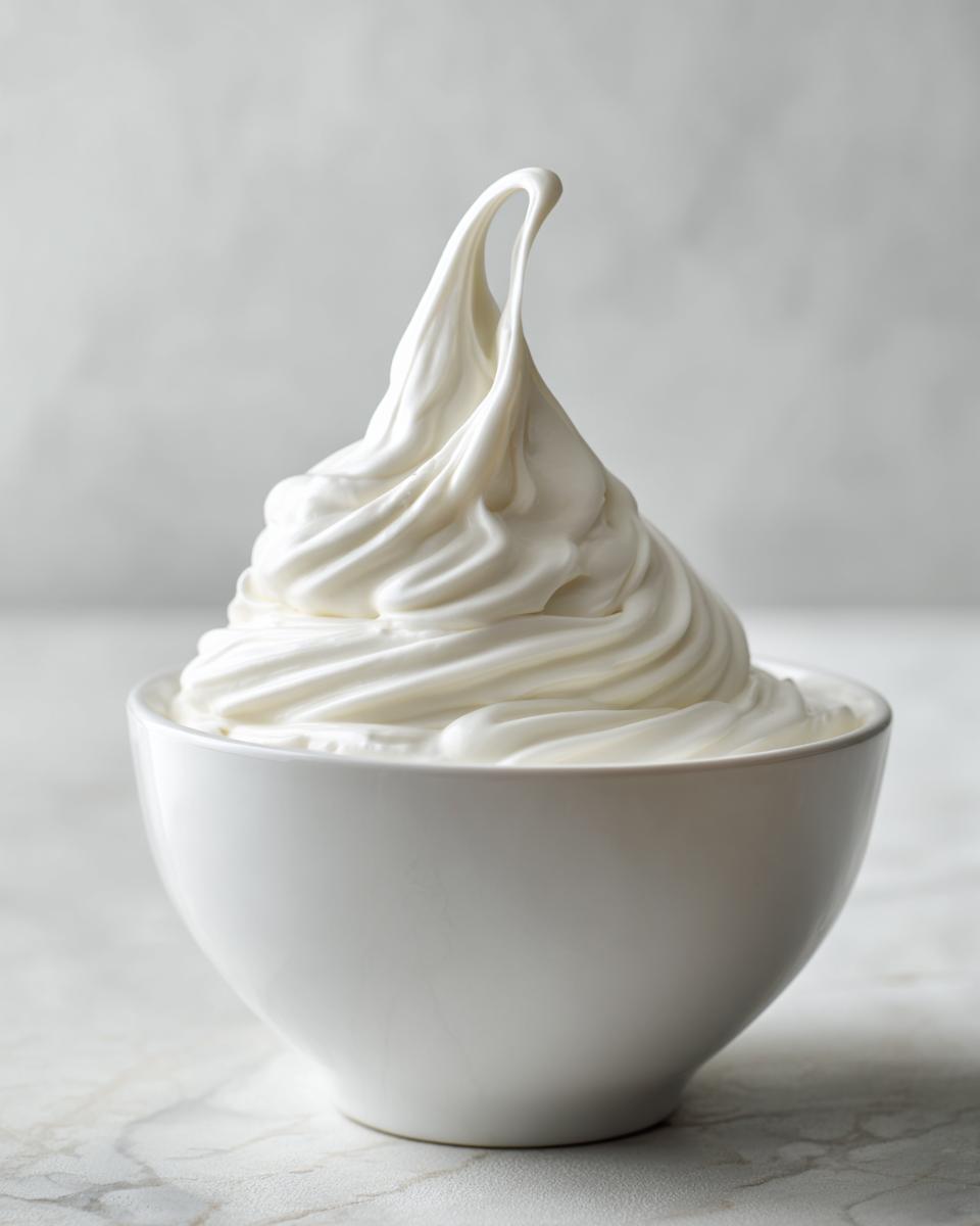 A close-up of thick, brilliantly white royal icing recipe mixture piped into stiff, glossy peaks in a white bowl.