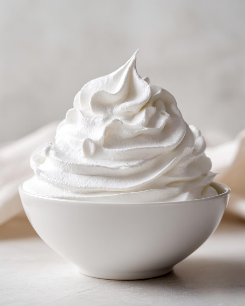 A close-up of stiff, perfectly piped white royal icing recipe mixture in a small white bowl.