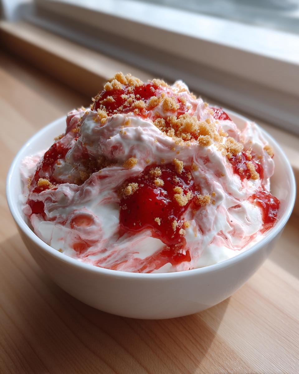 A white bowl filled with fluffy strawberry cheesecake dip, topped with strawberry jam and graham cracker crumbs.