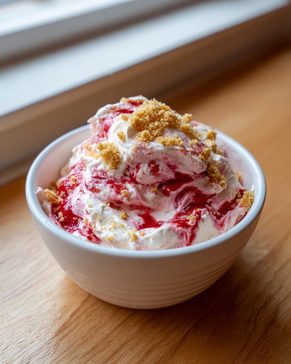 Close-up of creamy strawberry cheesecake dip swirled with red sauce and topped with graham cracker crumbs.
