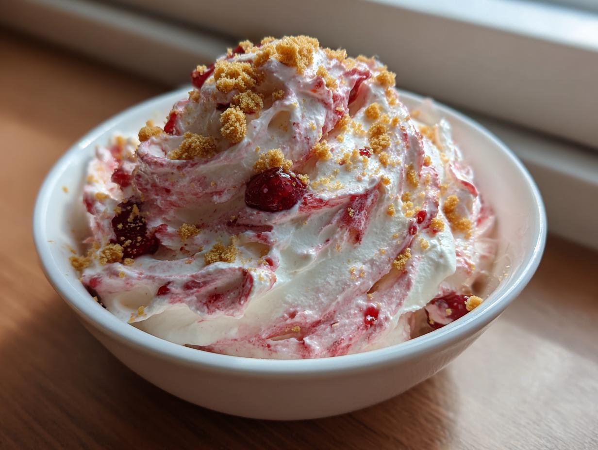 A close-up of creamy strawberry cheesecake dip swirled with strawberry sauce and topped with graham cracker crumbs.