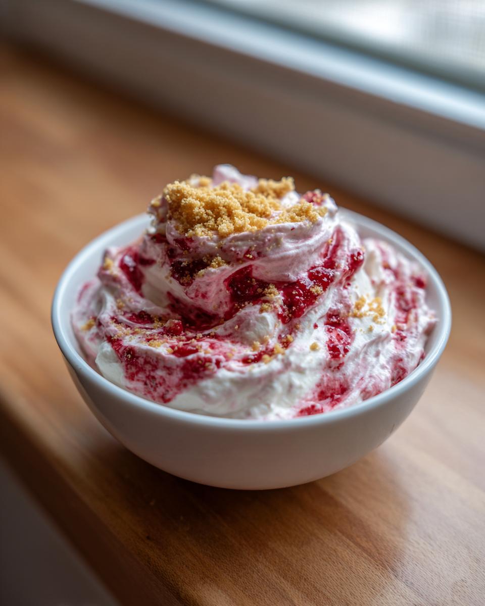 A close-up of strawberry cheesecake dip, featuring swirls of cream, strawberry sauce, and graham cracker crumbs on top.