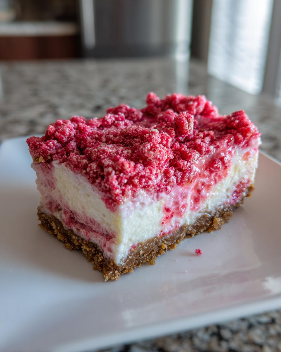 A perfect slice of strawberry crunch cheesecake featuring a graham cracker crust, creamy filling, and bright red strawberry crunch topping.