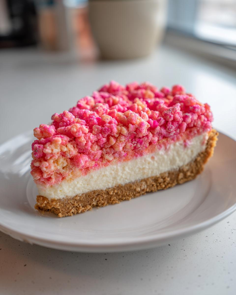 A perfect slice of strawberry crunch cheesecake featuring a graham cracker crust, creamy filling, and bright pink strawberry crunch topping.