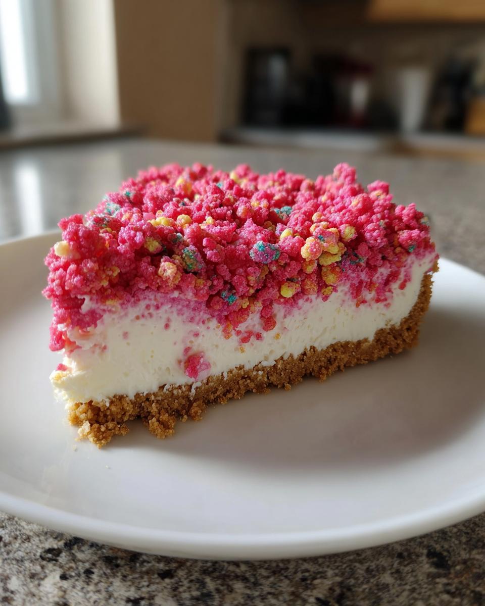 A close-up of a slice of strawberry crunch cheesecake featuring a graham cracker crust, creamy filling, and bright pink crunch topping.