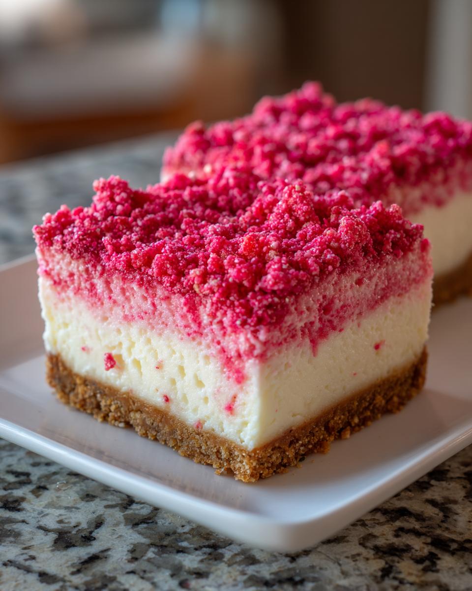 Close-up of a square slice of strawberry crunch cheesecake with a thick graham cracker crust and bright pink crumble topping.