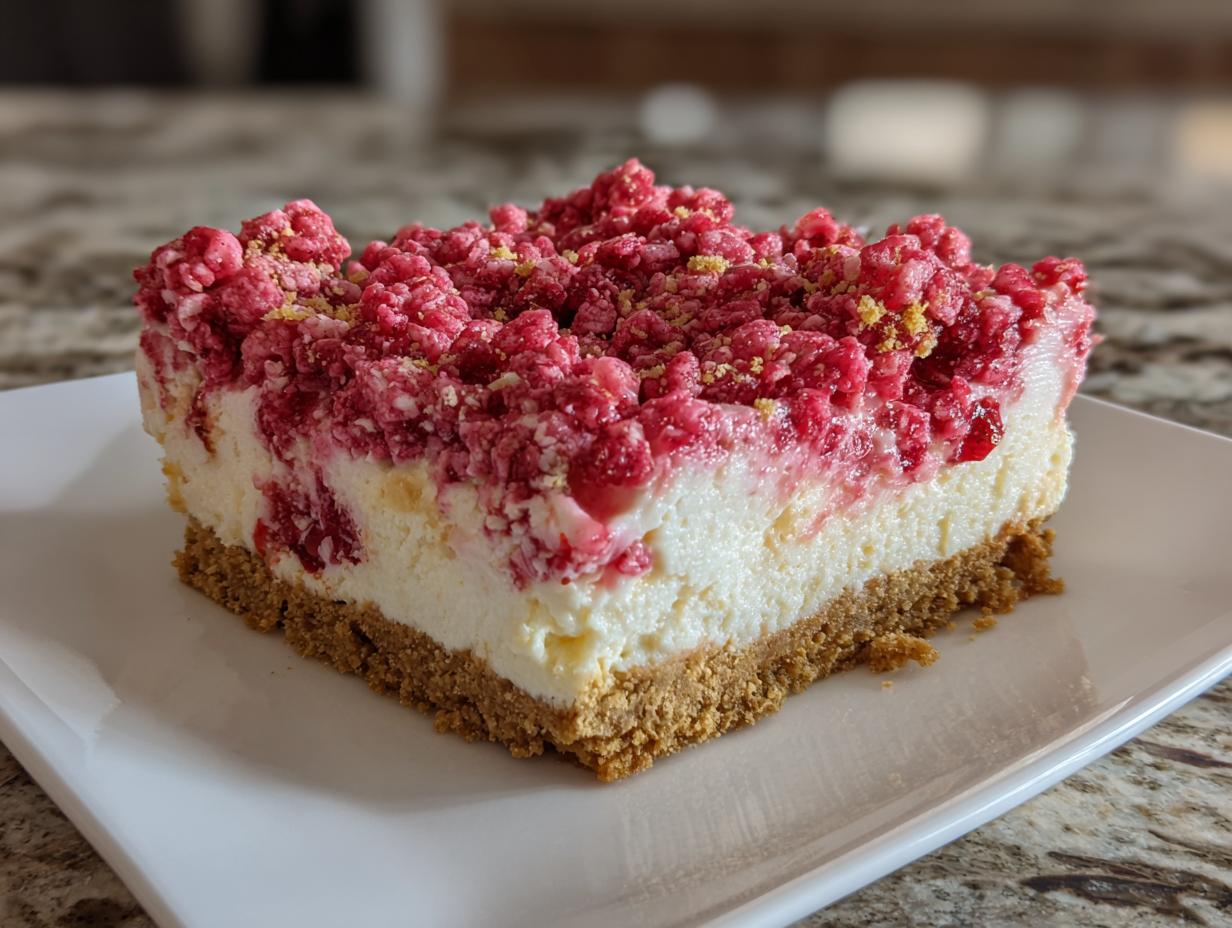 A square slice of strawberry crunch cheesecake featuring a graham cracker crust, creamy filling, and bright pink strawberry crunch topping.