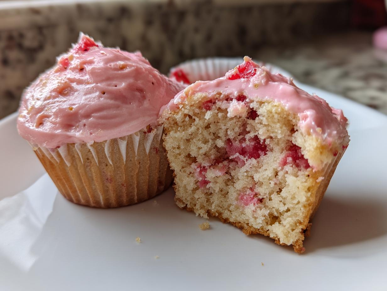 Two strawberry cupcakes on a white plate, one cut in half showing the moist cake and strawberry pieces inside.