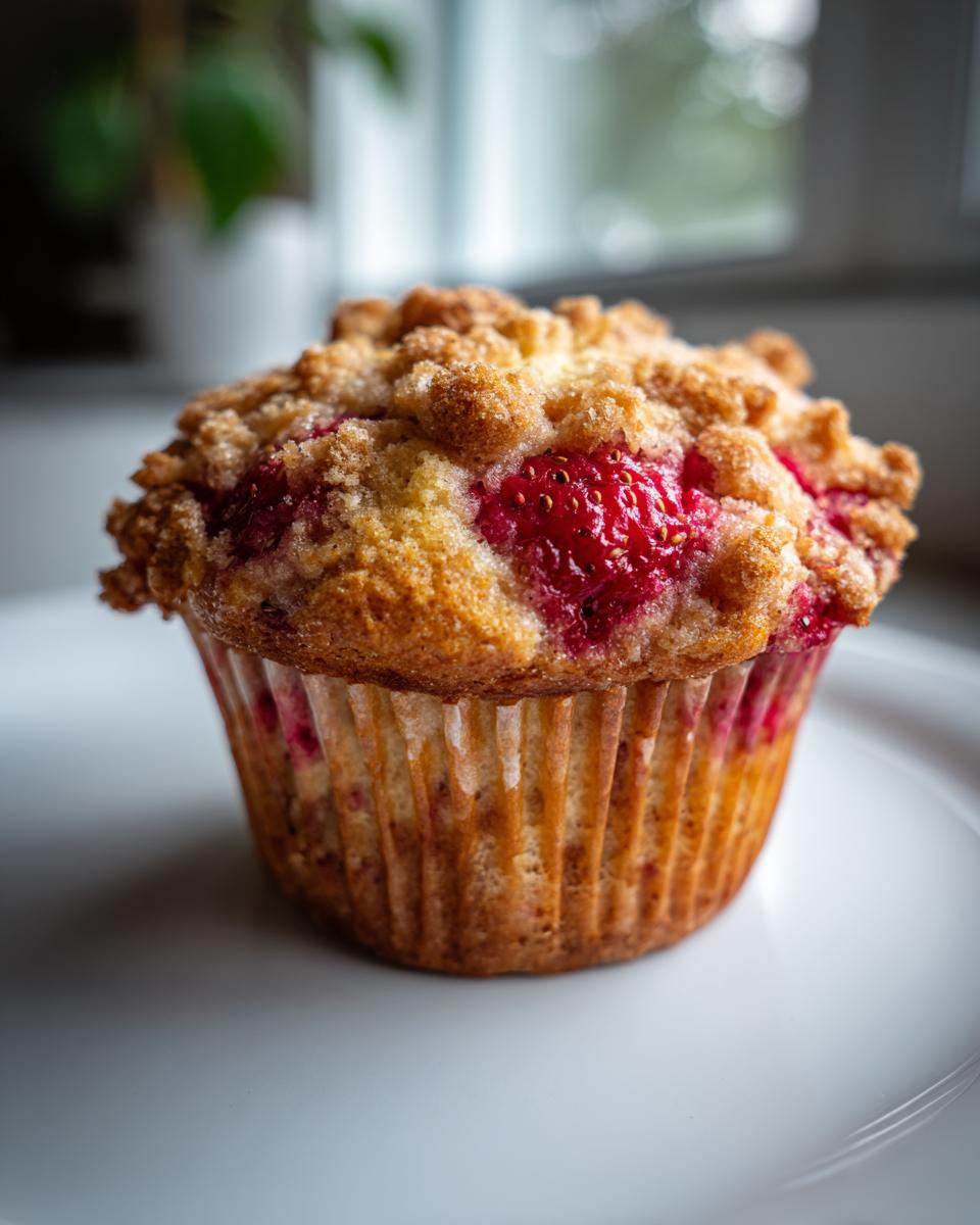 A single, freshly baked strawberry muffins with a golden crumb topping, sitting on a white plate.