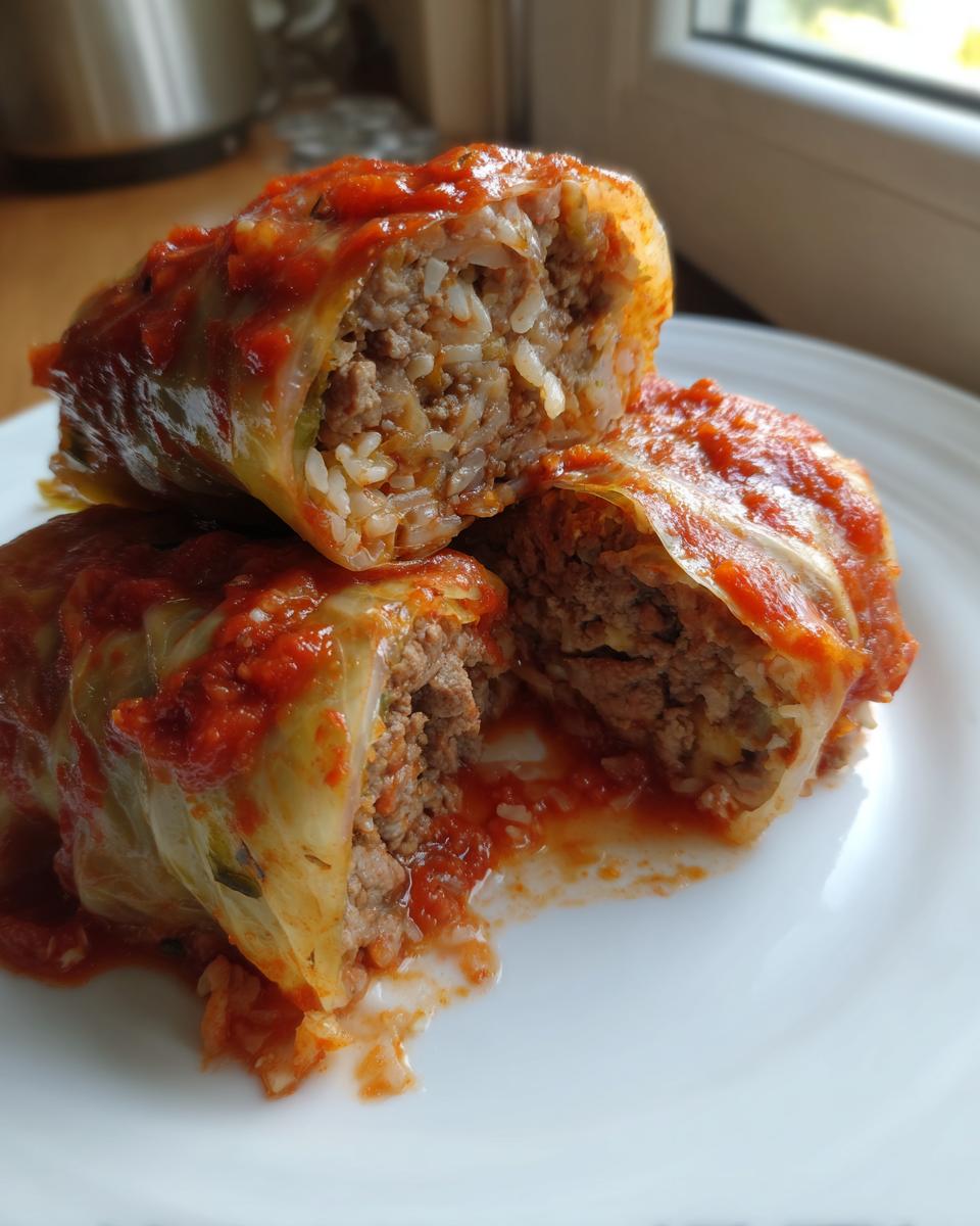 Close-up of two stuffed cabbage rolls cut open to show the ground meat and rice filling, covered in rich tomato sauce.