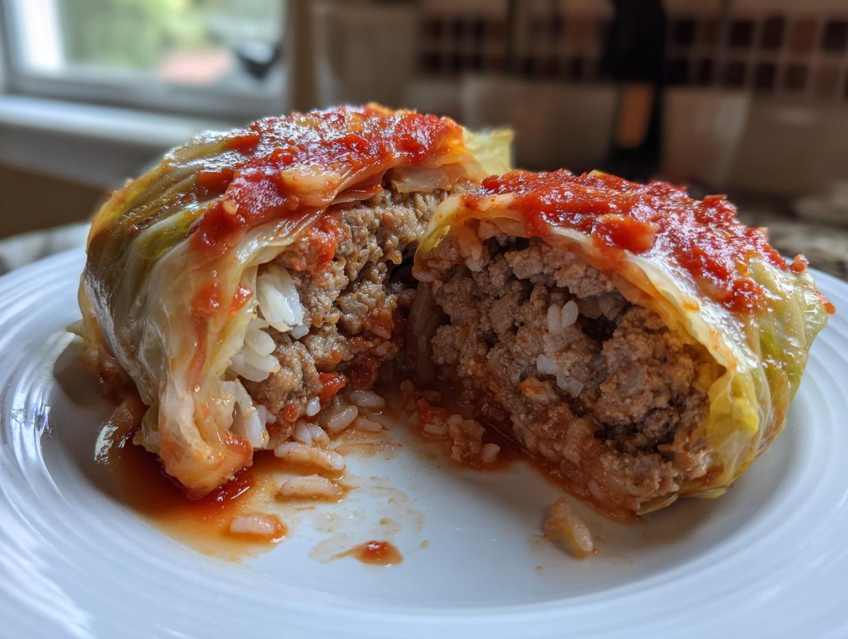Close-up of a stuffed cabbage roll cut in half, showing the savory ground meat and rice filling, topped with tomato sauce.