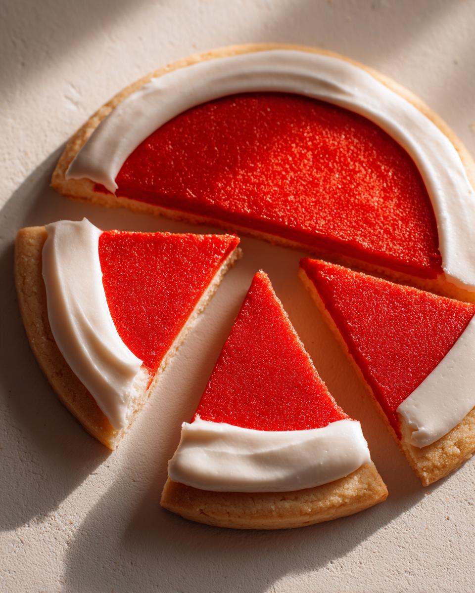 A round sugar cookie decorated with bright red icing and a thick white border, cut into slices.