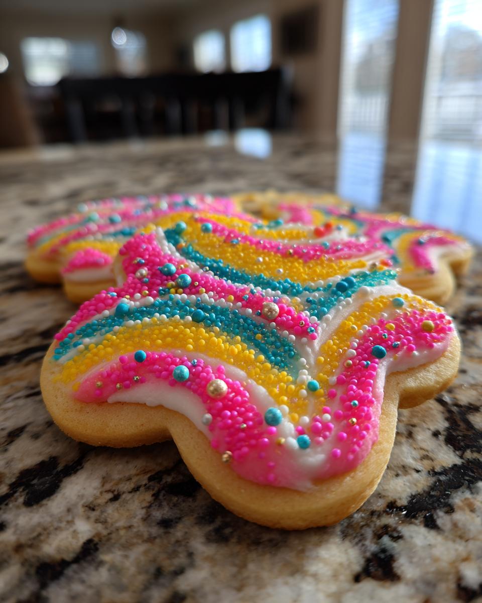 Close-up of a sugar cookie decorated with vibrant, multi-colored, hardened cookie icing and sprinkles.