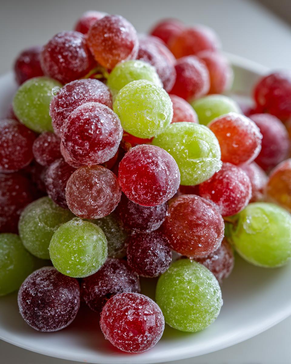 A close-up pile of red, green, and purple candy grapes coated in a sugary, frosty layer.