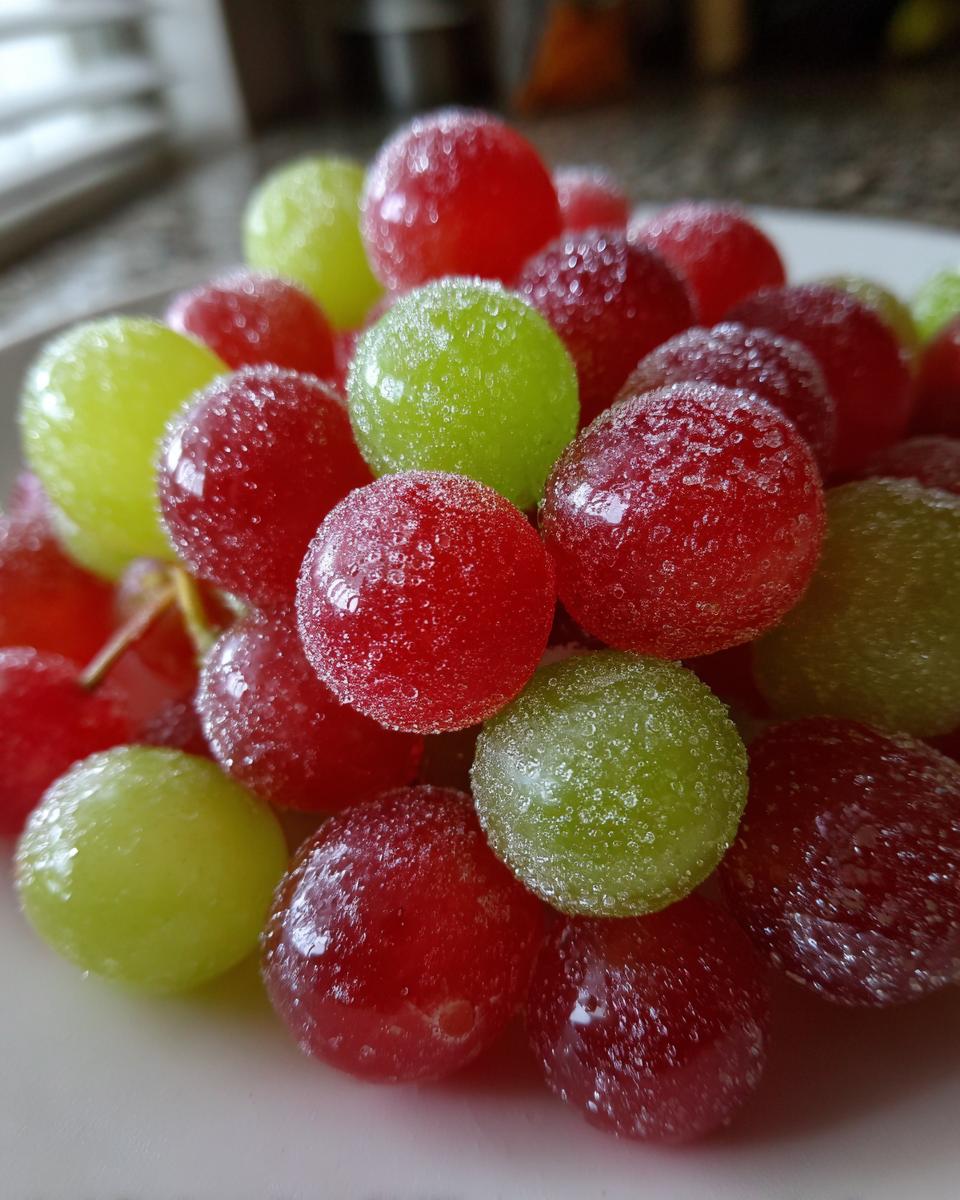 Close-up of red and green grapes coated in sugar crystals, showcasing the texture of these candy grapes.